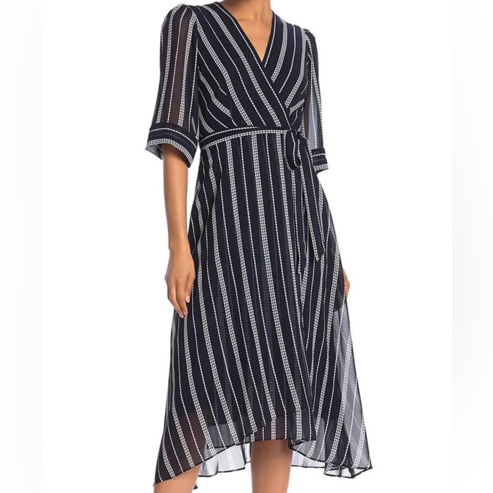Gabby Skye Stripe Wrap Midi Dress 6 Navy Chiffon Asym